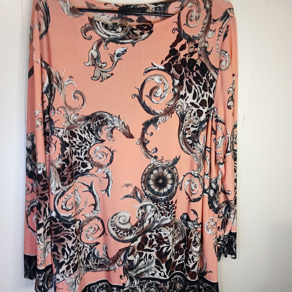 Investments Peach Long Sleeve Tee with Black and White Baroque Print